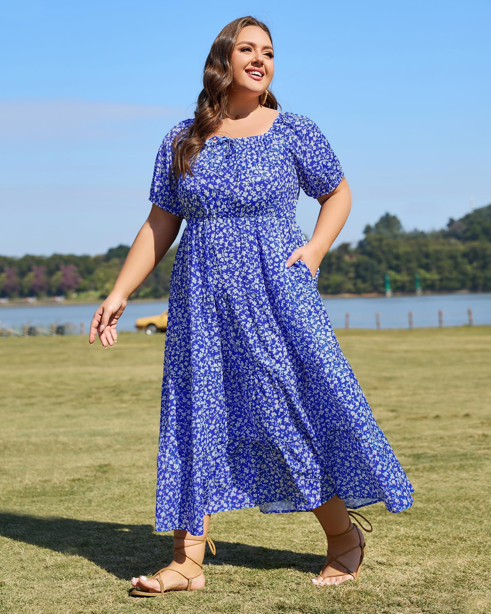 Woochic Robe Longue Bohème Femme Robe Festival Fleurie Grande Taille Manches Courtes