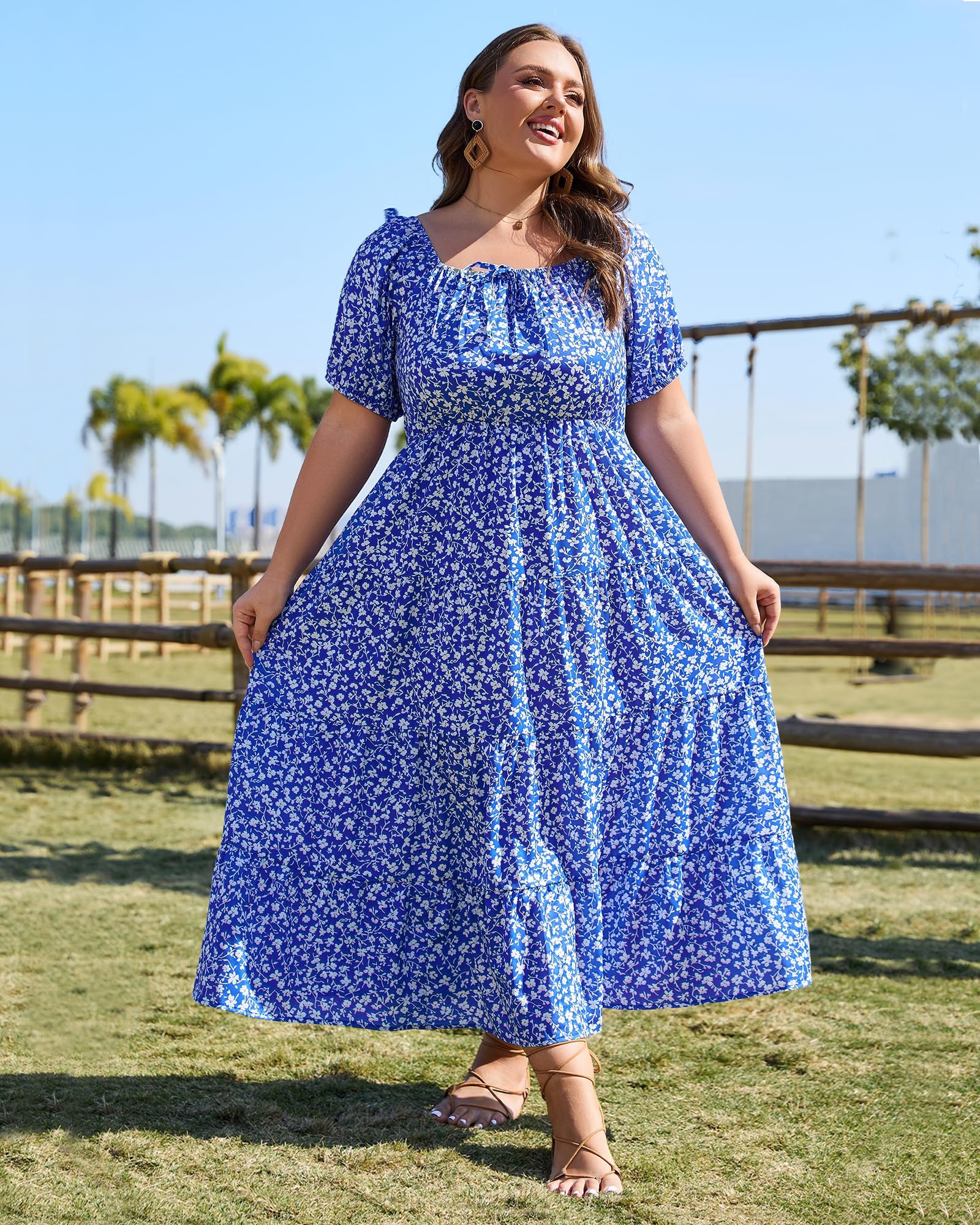 Woochic Robe Longue Bohème Femme Robe Festival Fleurie Grande Taille Manches Courtes