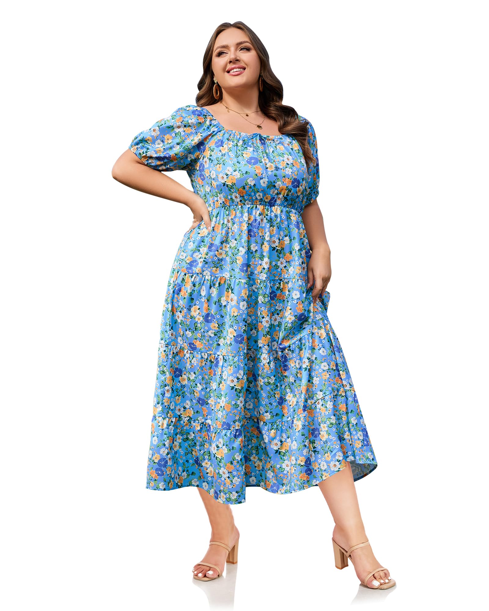 Woochic Robe Longue Bohème Femme Robe Festival Fleurie Grande Taille Manches Courtes Fleurie 03 1XL