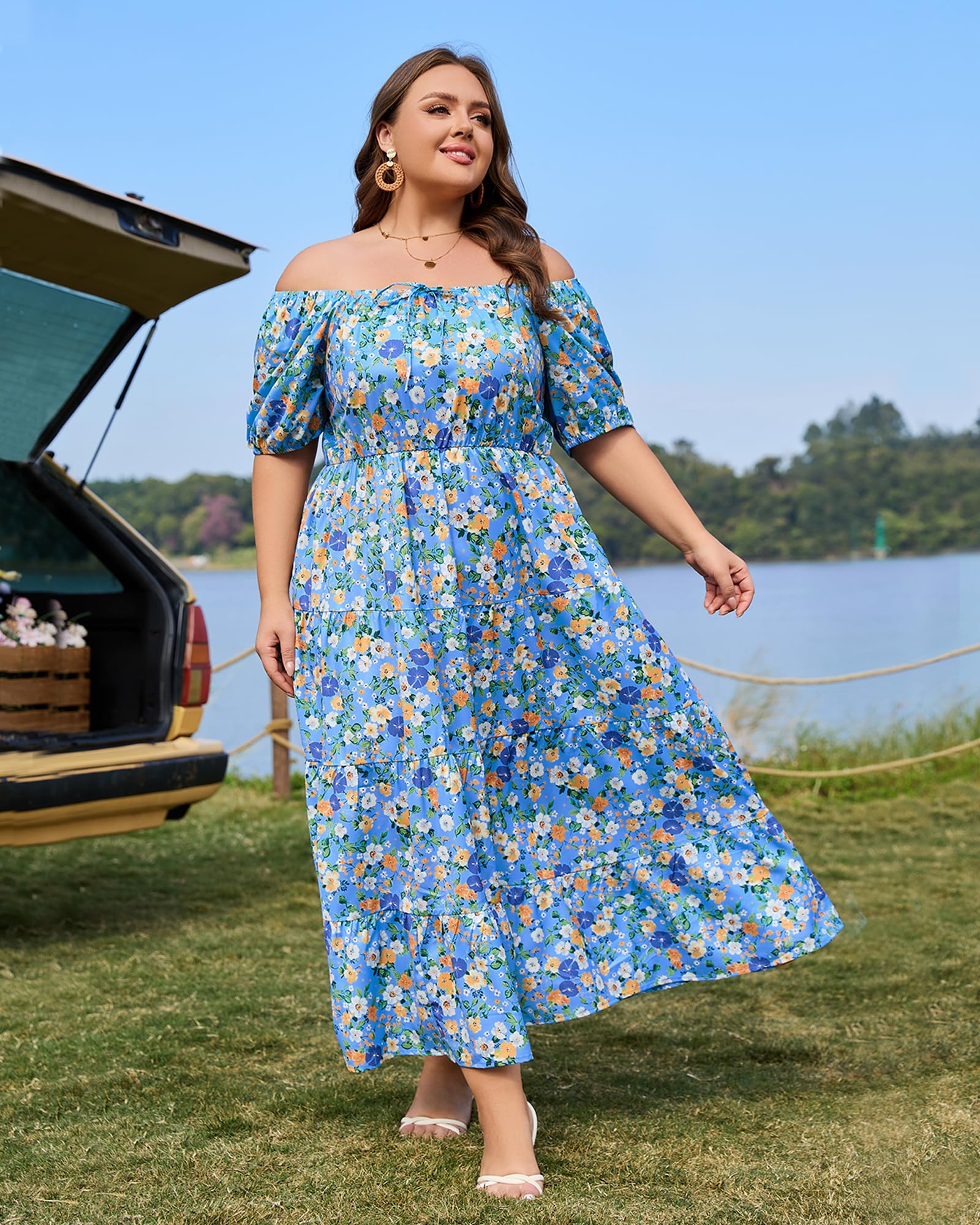 Woochic Robe Longue Bohème Femme Robe Festival Fleurie Grande Taille Manches Courtes