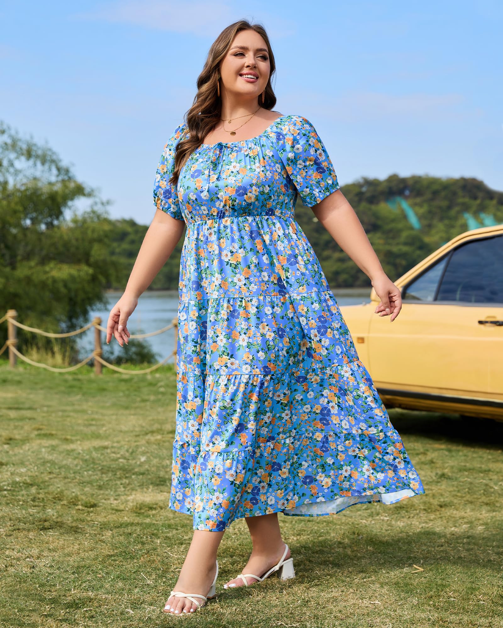 Woochic Robe Longue Bohème Femme Robe Festival Fleurie Grande Taille Manches Courtes