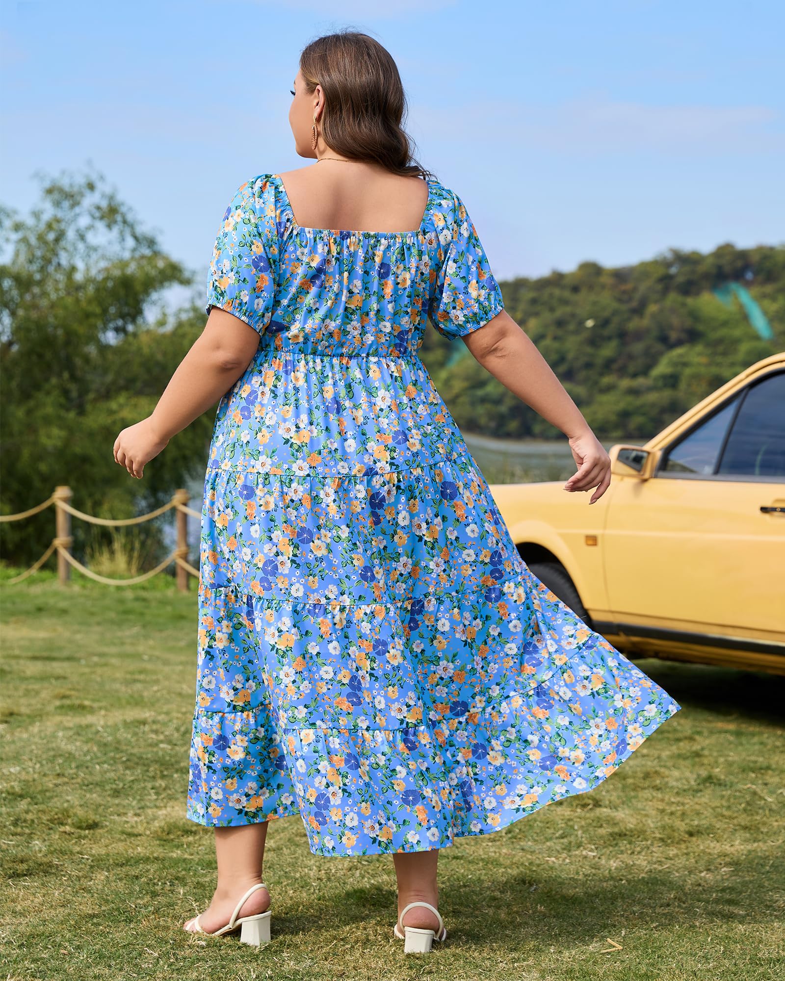 Woochic Robe Longue Bohème Femme Robe Festival Fleurie Grande Taille Manches Courtes