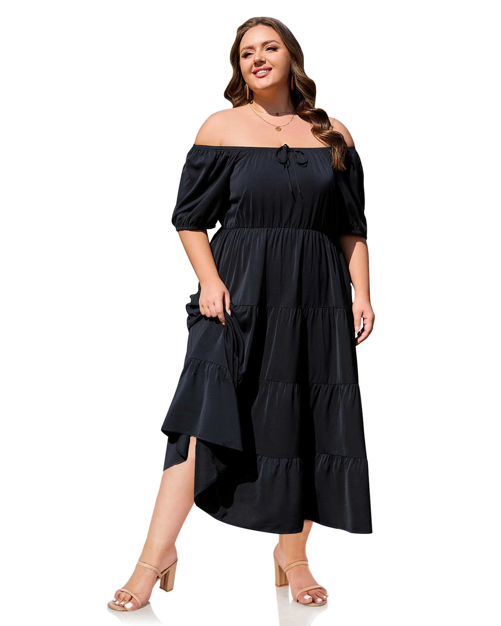 Woochic Robe Longue Bohème Femme Robe Festival Fleurie Grande Taille Manches Courtes Noir 1XL