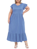Woochic Robe Longue Femme Grande Taille Robe Maxi Élé Bleu Poussiéreux L