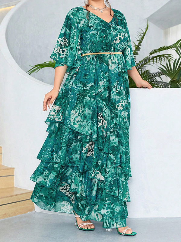 Woochic Robe longue à manches cloche en mousseline de soie à la mode, grande taille