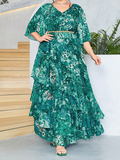 Woochic Robe longue à manches cloche en mousseline de soie à la mode, grande taille