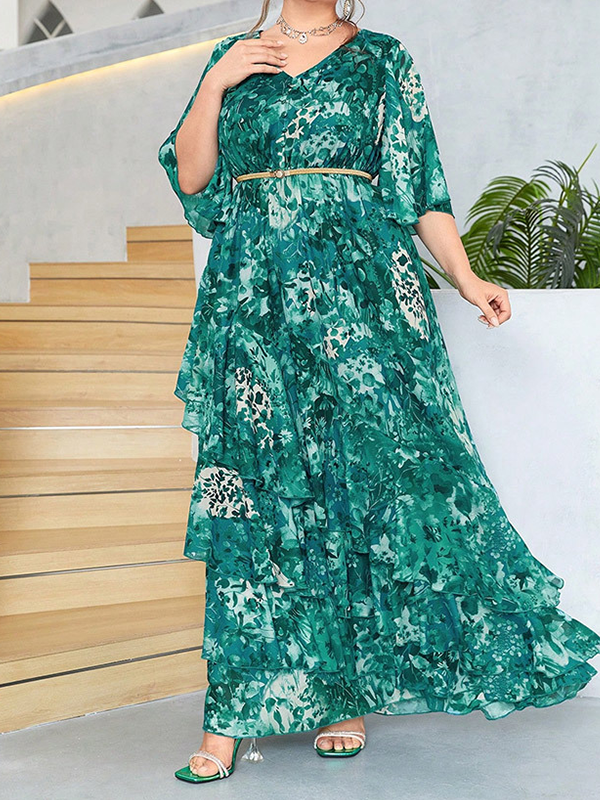 Woochic Robe longue à manches cloche en mousseline de soie à la mode, grande taille
