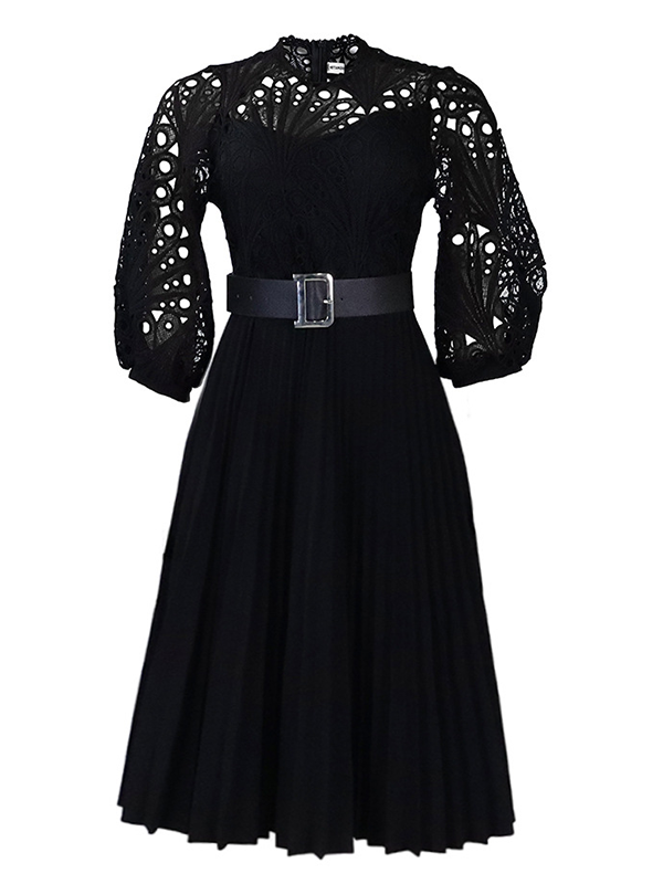 Woochic Robe midi élégante en dentelle unie de grande taille Navy blue S