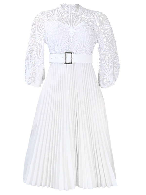Woochic Robe midi élégante en dentelle unie de grande taille White S