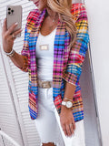 Woochic blazer carreaux avec poches boutons col revers manches longues femme mode Bleu S