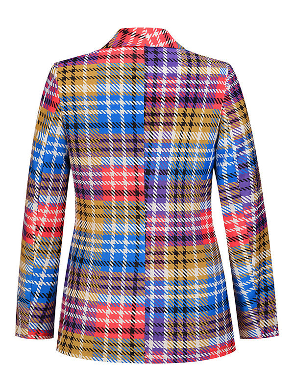 Woochic blazer carreaux avec poches boutons col revers manches longues femme mode