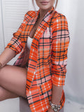 Woochic blazer carreaux avec poches boutons col revers manches longues femme mode Orange S