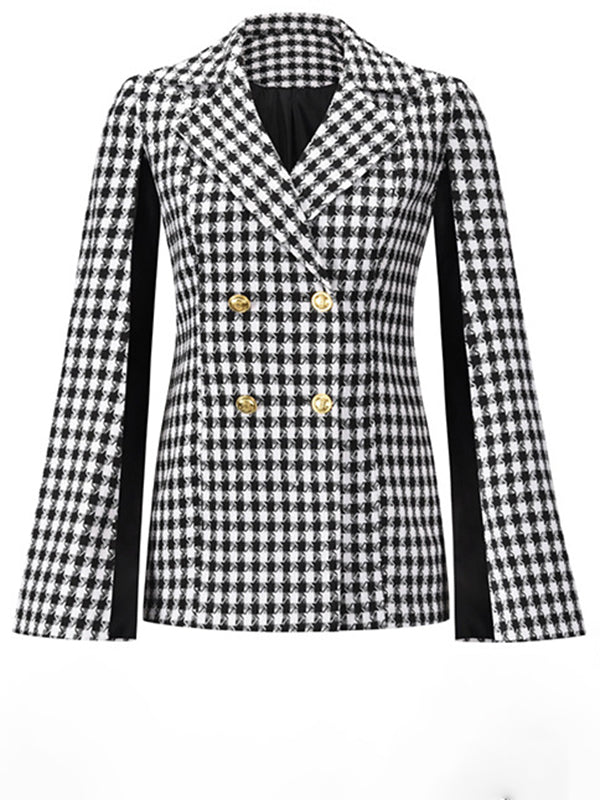 Woochic blazer courte pied de poule double boutonnage col revers manches cape femme élégant