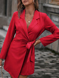 Woochic blazer robe avec ceinture col revers manches longues femme élégant Rouge S