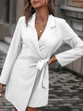 Woochic blazer robe avec ceinture col revers manches longues femme élégant Blanche S