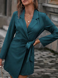 Woochic blazer robe avec ceinture col revers manches longues femme élégant Vert S