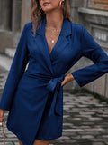 Woochic blazer robe avec ceinture col revers manches longues femme élégant Bleu marine S