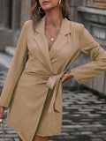Woochic blazer robe avec ceinture col revers manches longues femme élégant Khaki S