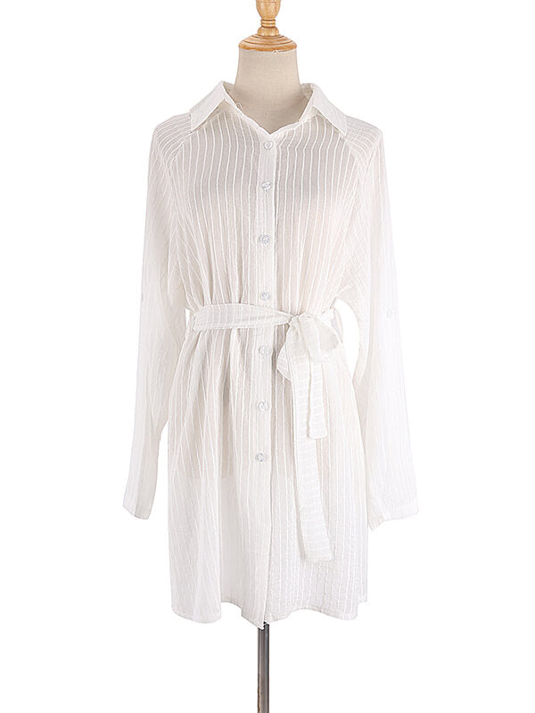 Woochic blouse boutonnage avec ceinture col chemise femme décontracté cover up de plage