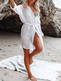 Woochic blouse boutonnage avec ceinture col chemise femme décontracté cover up de plage Blanche ONE SIZE
