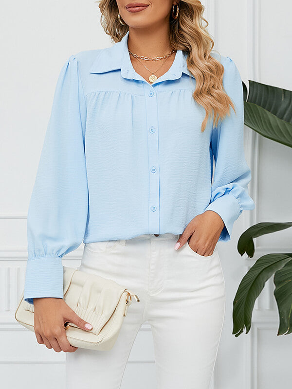 Woochic blouse boutonnage col chemise manches bishop femme décontracté Bleu ciel S