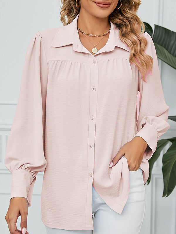 Woochic blouse boutonnage col chemise manches bishop femme décontracté Rose pâle S