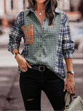 Woochic blouse carreaux couleur bloc avec poches boutonnage col cheminée femme mode Bleu S