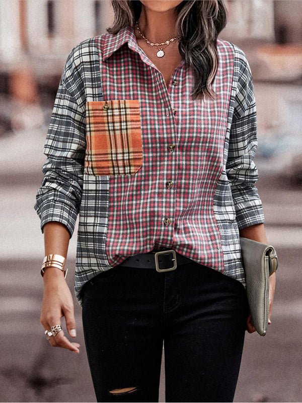 Woochic blouse carreaux couleur bloc avec poches boutonnage col cheminée femme mode Rose S