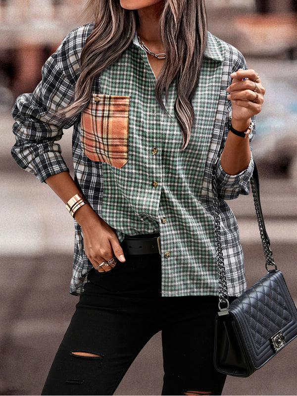 Woochic blouse carreaux couleur bloc avec poches boutonnage col cheminée femme mode