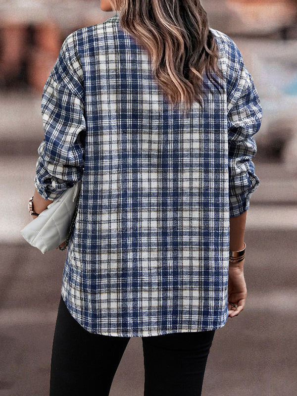 Woochic blouse carreaux couleur bloc avec poches boutonnage col cheminée femme mode