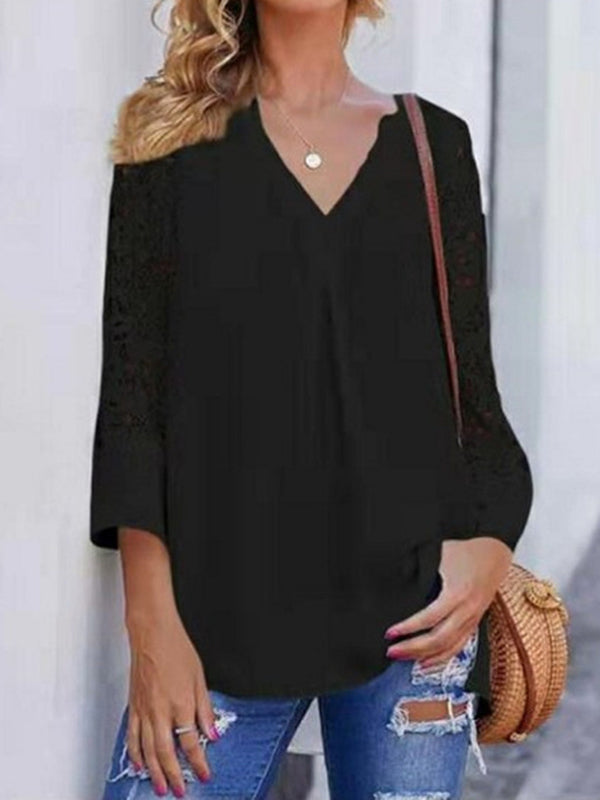 Woochic blouse dentelle v-cou 3/4 manches trompette femme élégant chemisier Noir S