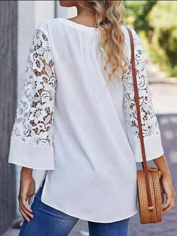 Woochic blouse dentelle v-cou 3/4 manches trompette femme élégant chemisier