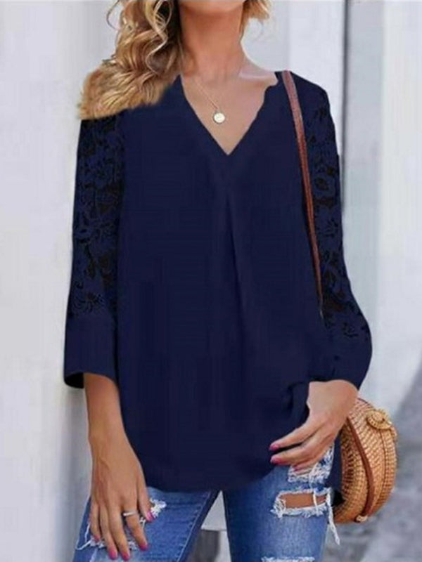 Woochic blouse dentelle v-cou 3/4 manches trompette femme élégant chemisier Bleu S