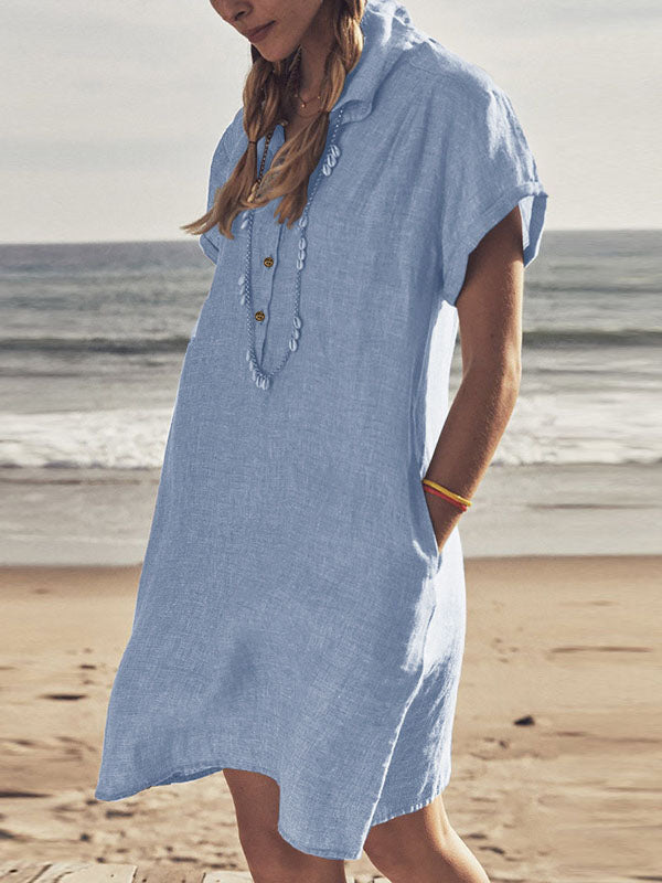 Woochic blouse robe courte boutonnage avec poches manches courtes femme bohème de plage