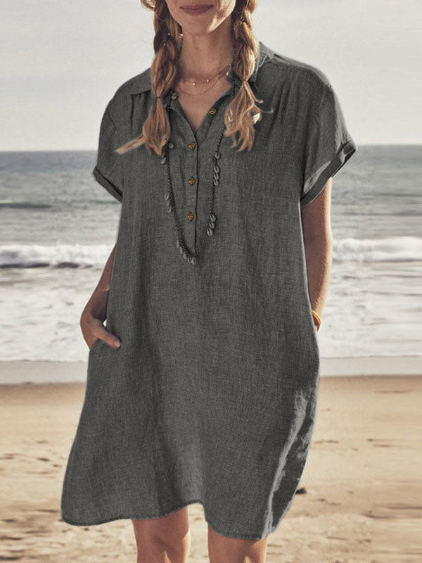 Woochic blouse robe courte boutonnage avec poches manches courtes femme bohème de plage Gris S