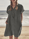 Woochic blouse robe courte boutonnage avec poches manches courtes femme bohème de plage Gris S