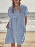 Woochic blouse robe courte boutonnage avec poches manches courtes femme bohème de plage Bleu clair S