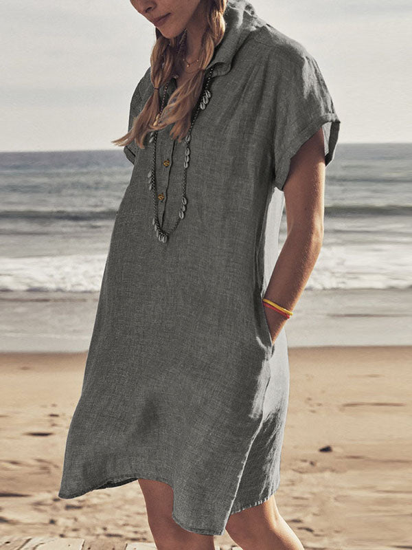 Woochic blouse robe courte boutonnage avec poches manches courtes femme bohème de plage