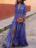 Woochic blouse robe longue rayé boutonnage avec poches v-cou bohème plage Bleu S