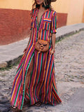 Woochic blouse robe longue rayé boutonnage avec poches v-cou bohème plage Rouge S