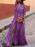Woochic blouse robe longue rayé boutonnage avec poches v-cou bohème plage Violet S