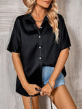 Woochic blouse unicolore boutonnage v-cou manches courtes femme mode Noir S
