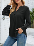 Woochic blouse unicolore mousseline v-cou manches longues femme élégant mode Noir S