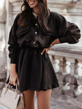 Woochic blouses robe courte boutonnage ceinture avec poches col chemise élégant de cocktail Noir S