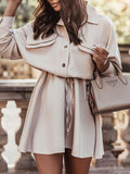 Woochic blouses robe courte boutonnage ceinture avec poches col chemise élégant de cocktail
