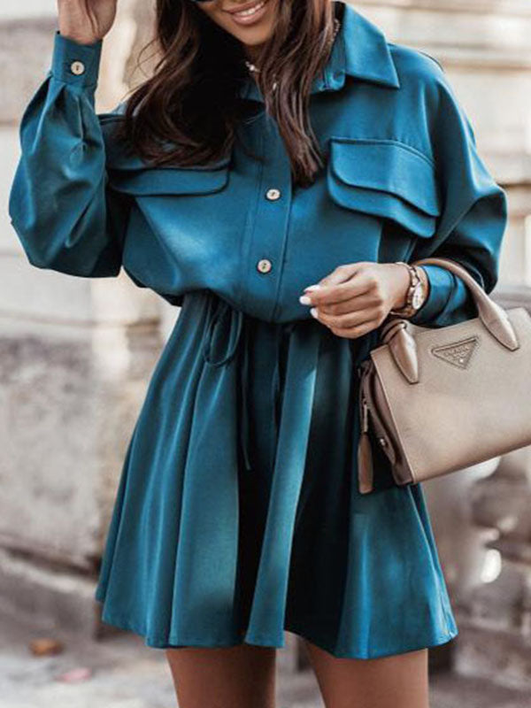 Woochic blouses robe courte boutonnage ceinture avec poches col chemise élégant de cocktail Bleu canard S