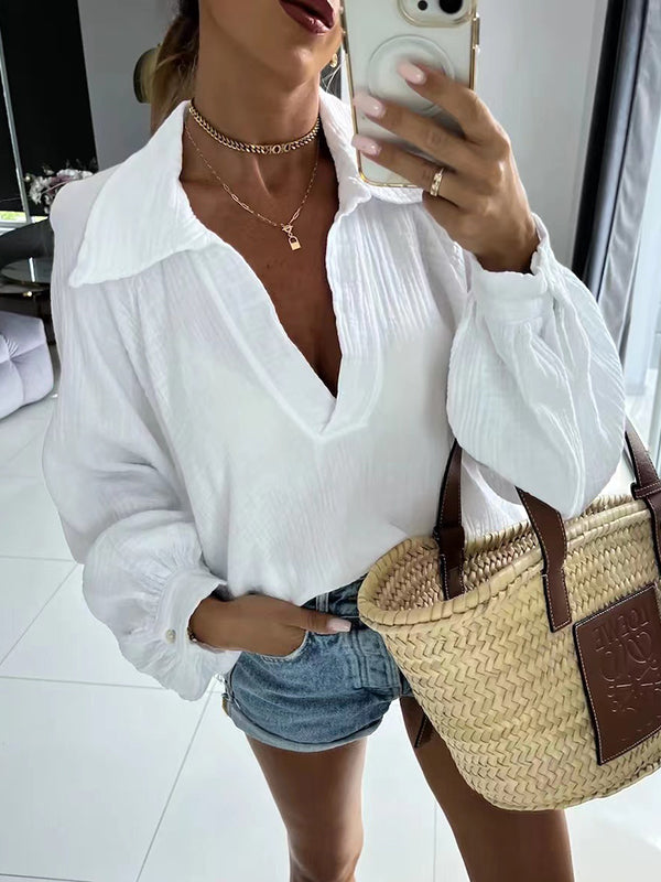 Woochic chemisier avec boutons coton v-cou manches bishop décontracté femme blouse Blanche S