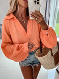 Woochic chemisier avec boutons coton v-cou manches bishop décontracté femme blouse Orange S