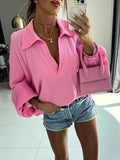Woochic chemisier avec boutons coton v-cou manches bishop décontracté femme blouse Rose framboise S