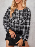 Woochic chemisier carreaux avec poches boutonnage col rond casual femme blouse